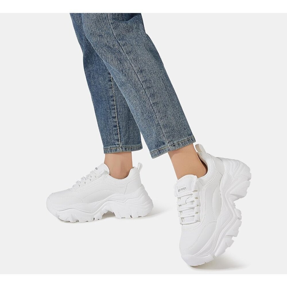 Women's White Chunky Rubber Platform Casual Lace-Up Walking Sneaker Shoes - Picture 8 of 9
